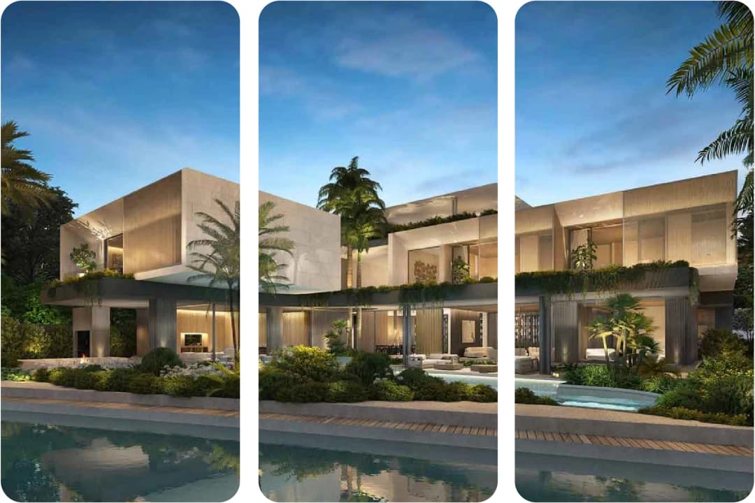 Luxurious modern villa with intricate landscaping and water features
