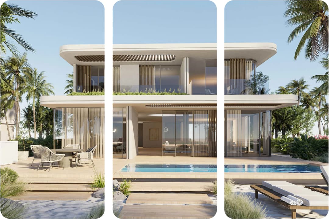 A modern villa with a pool, outdoor seating, and tropical landscaping