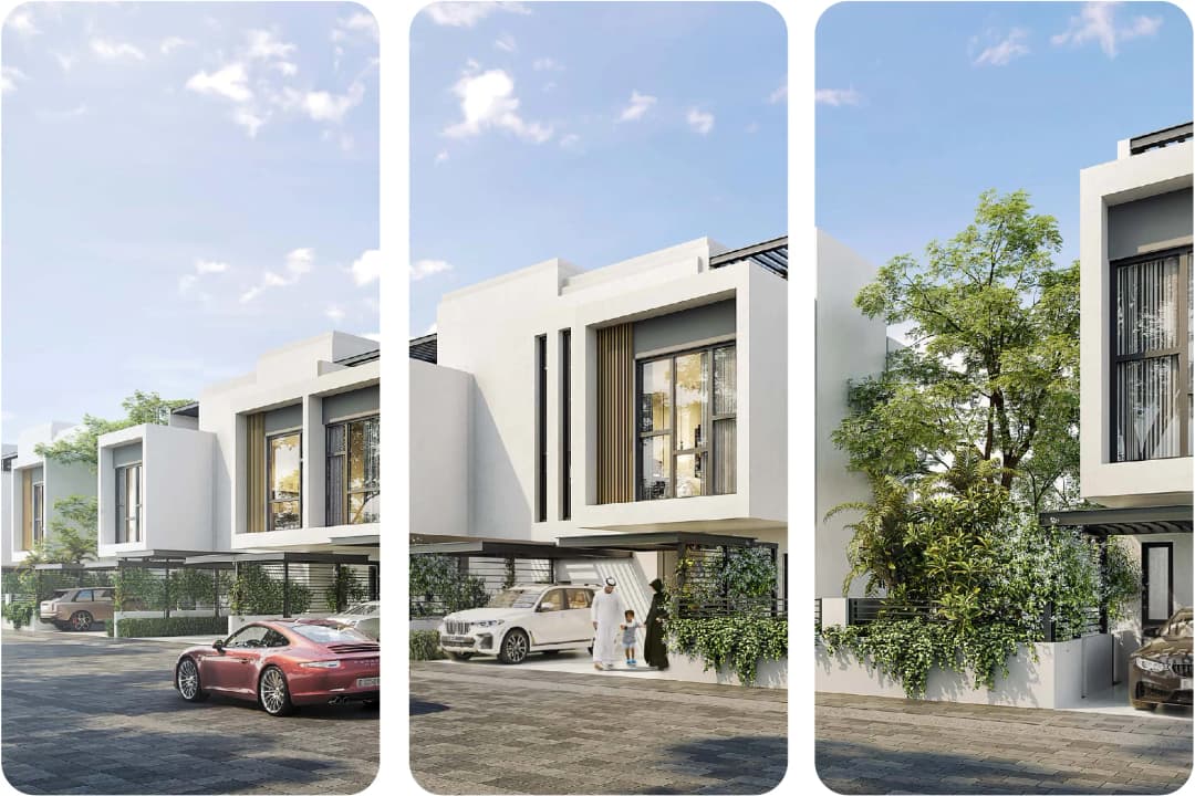 Modern townhouse exteriors with sleek design, cars, and greenery