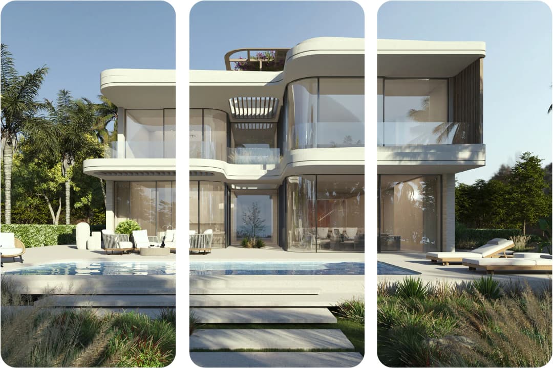A modern villa with a pool, outdoor seating, and lush greenery