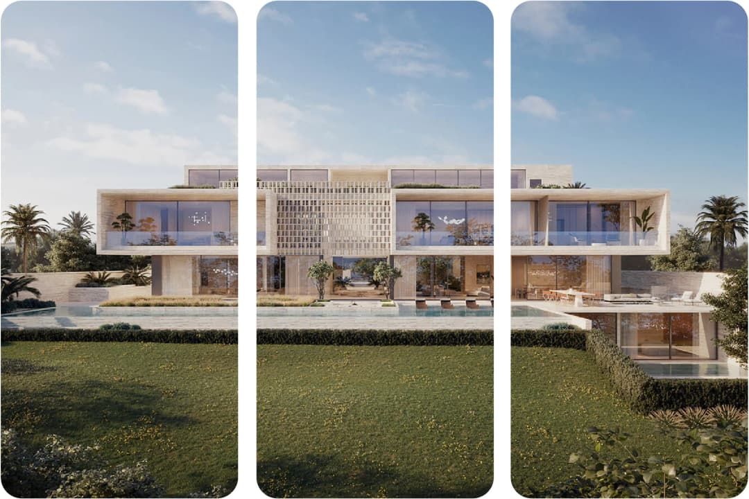 Luxury modern villa with pool and green garden view