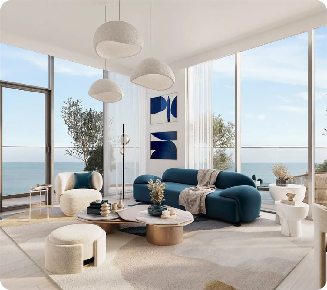 Modern living room with ocean view and stylish furniture