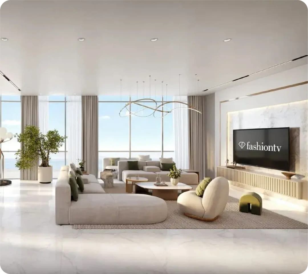 Modern living room with TV, elegant furniture, and view