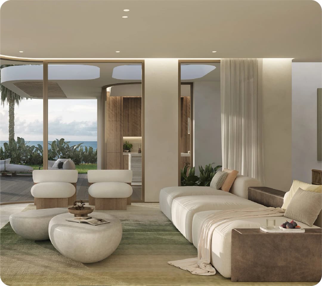 Modern living room with minimalist design and ocean view