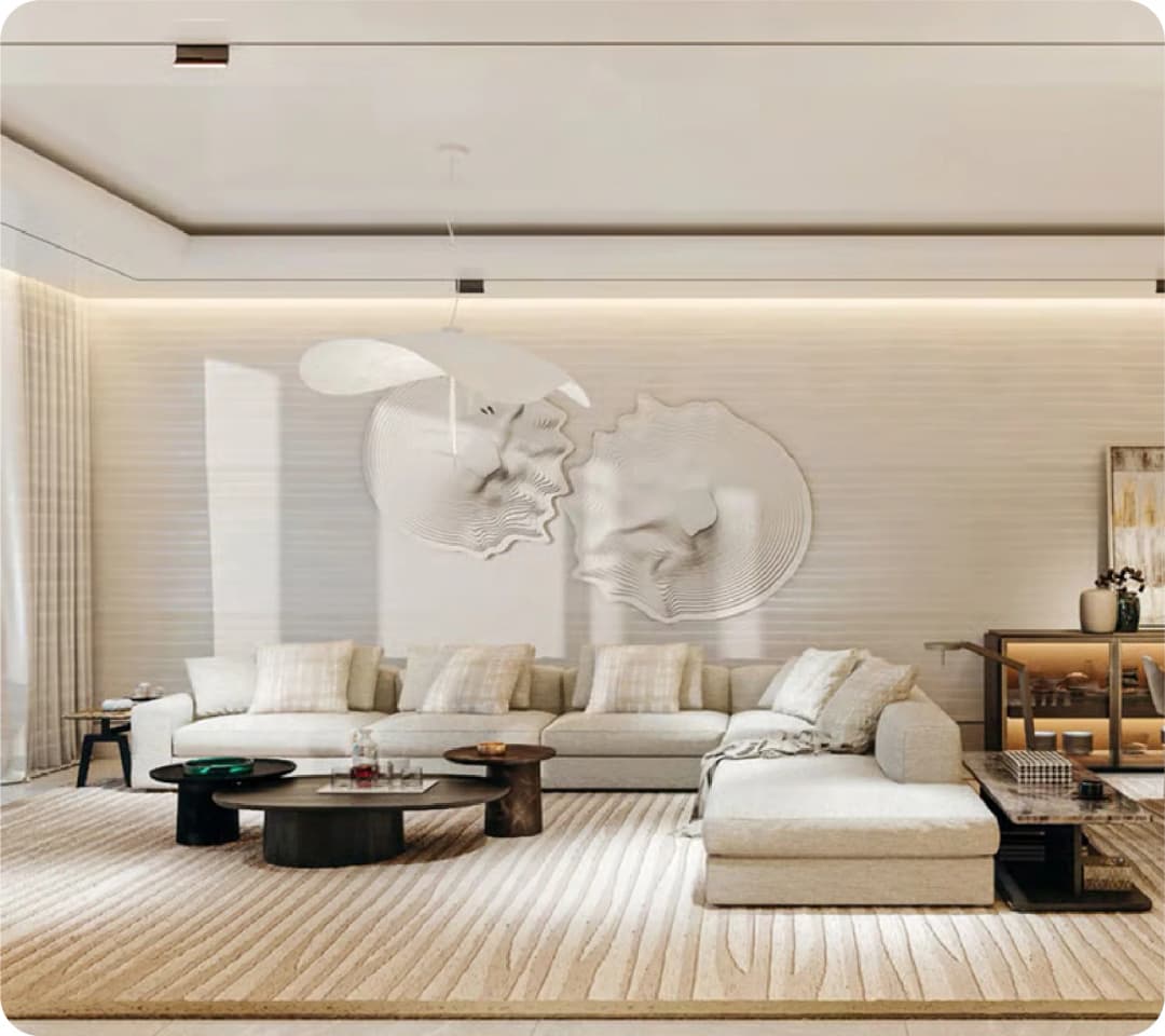 A stylish living room with modern furniture, artistic wall sculptures