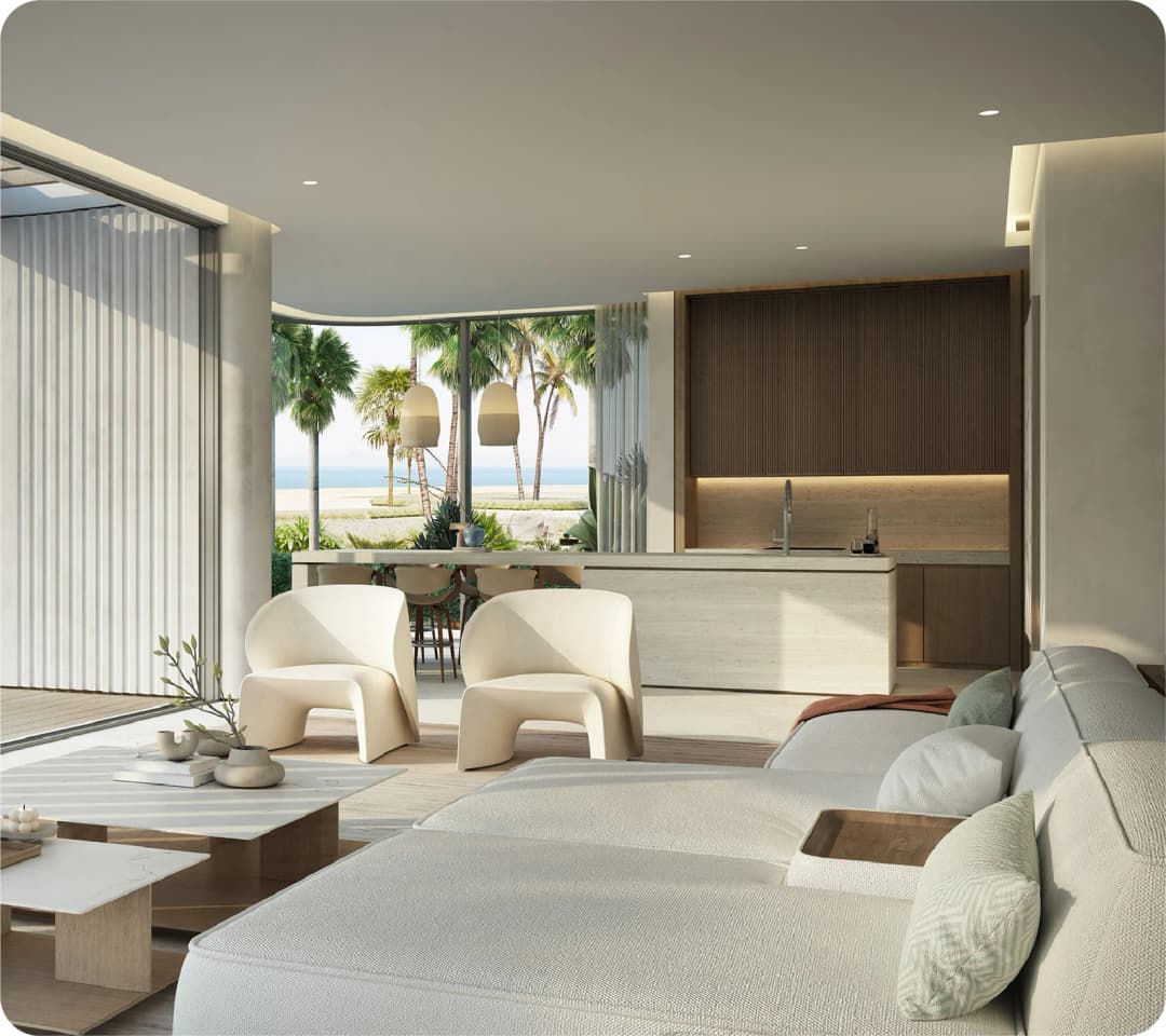 Modern living room with kitchen and beach view