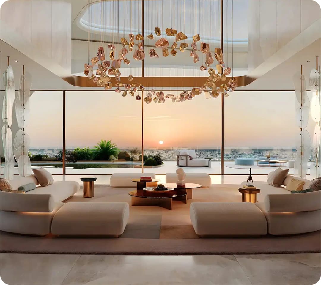 Luxury living room with sea view and sunset lighting