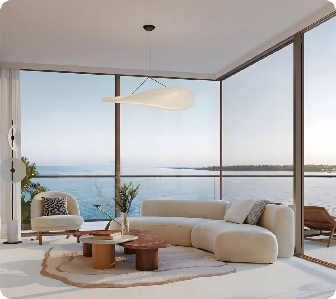A modern living room with a scenic ocean view