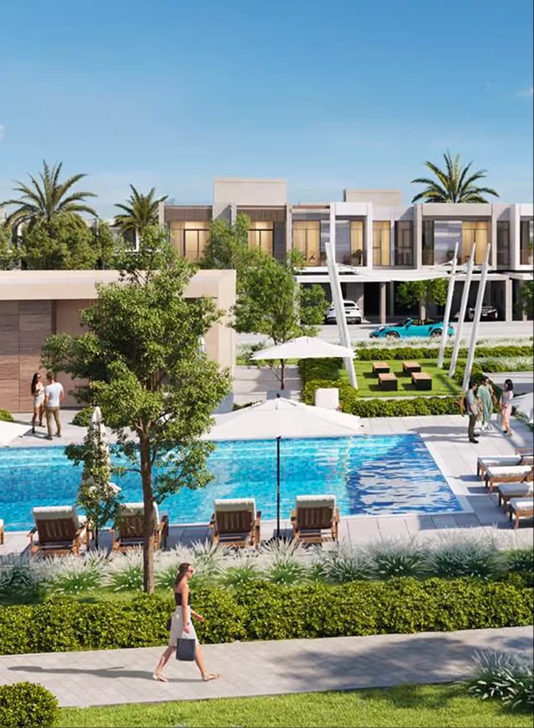 Panoramic view of luxury towers reflecting in the water