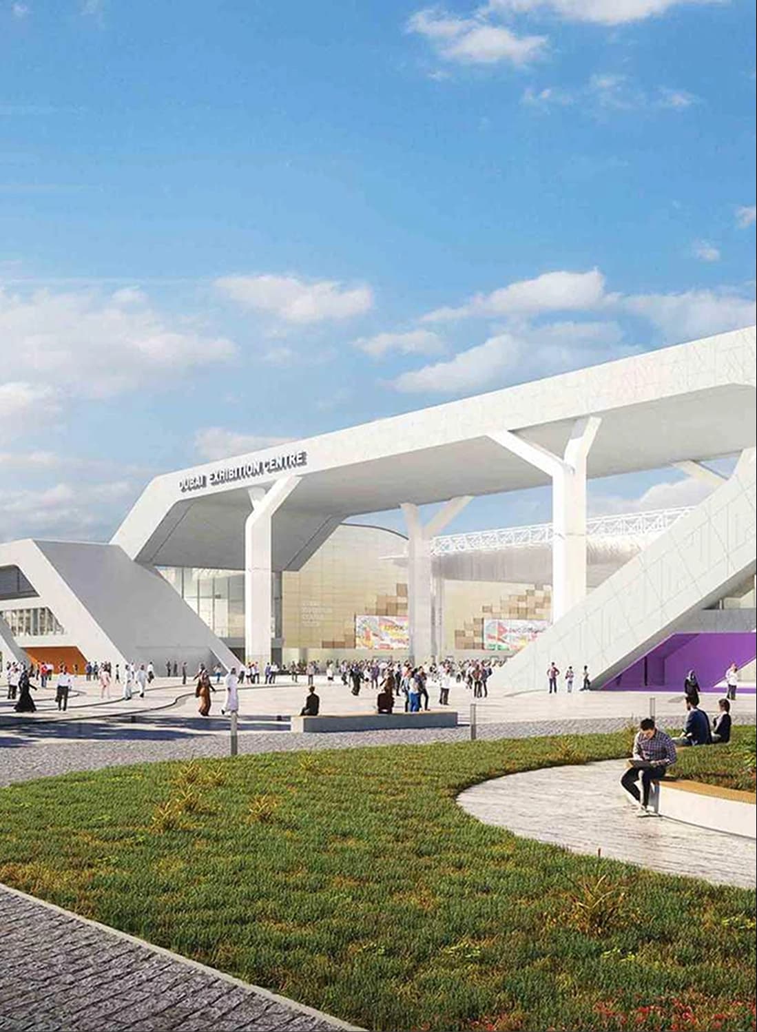 Modern exhibition center with people walking around