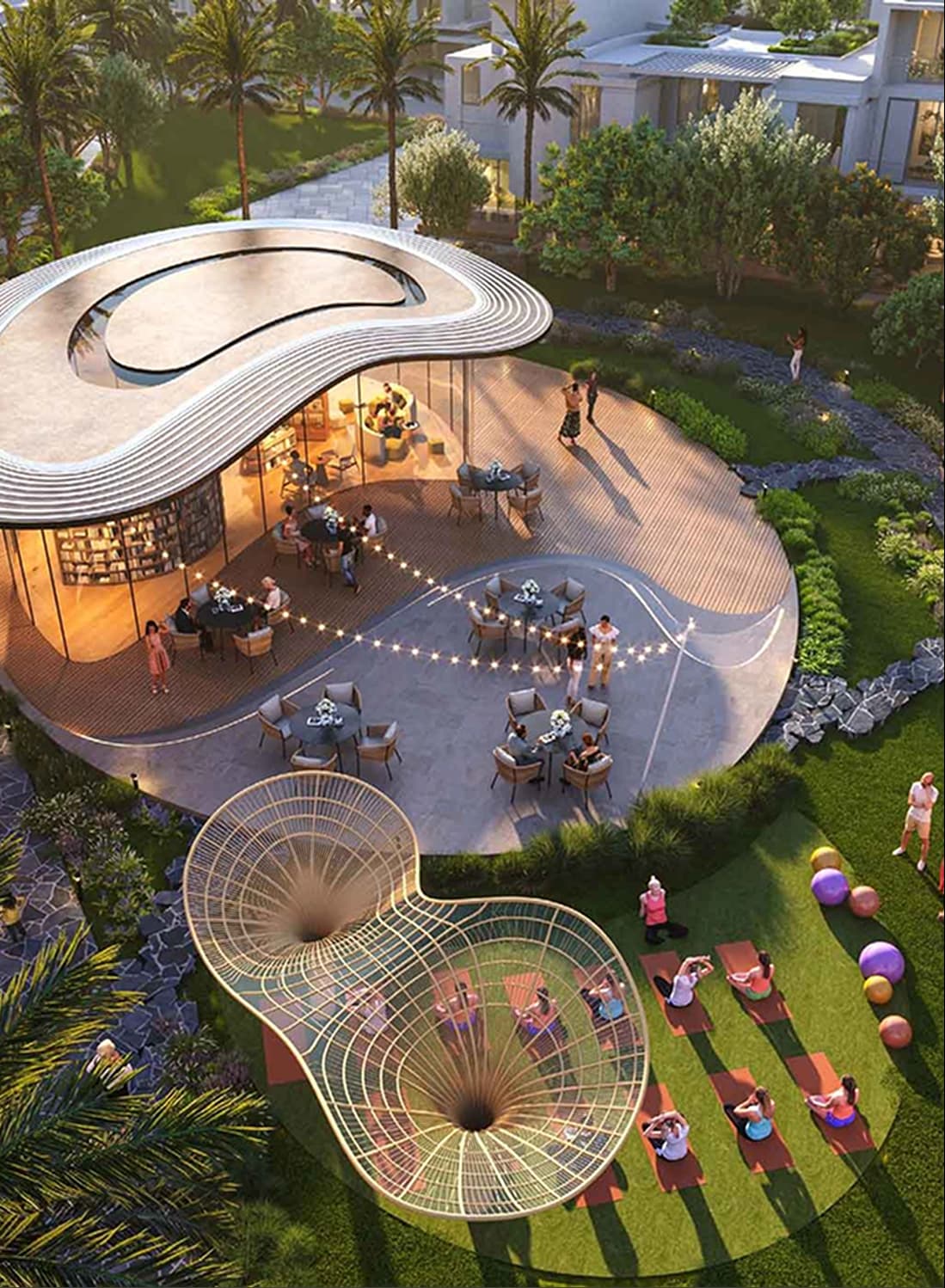 Outdoor café with yoga and garden activities