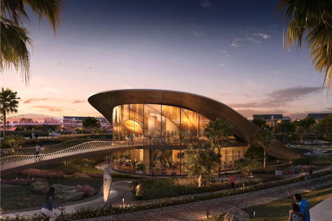 Modern building with curved roof, glass facade