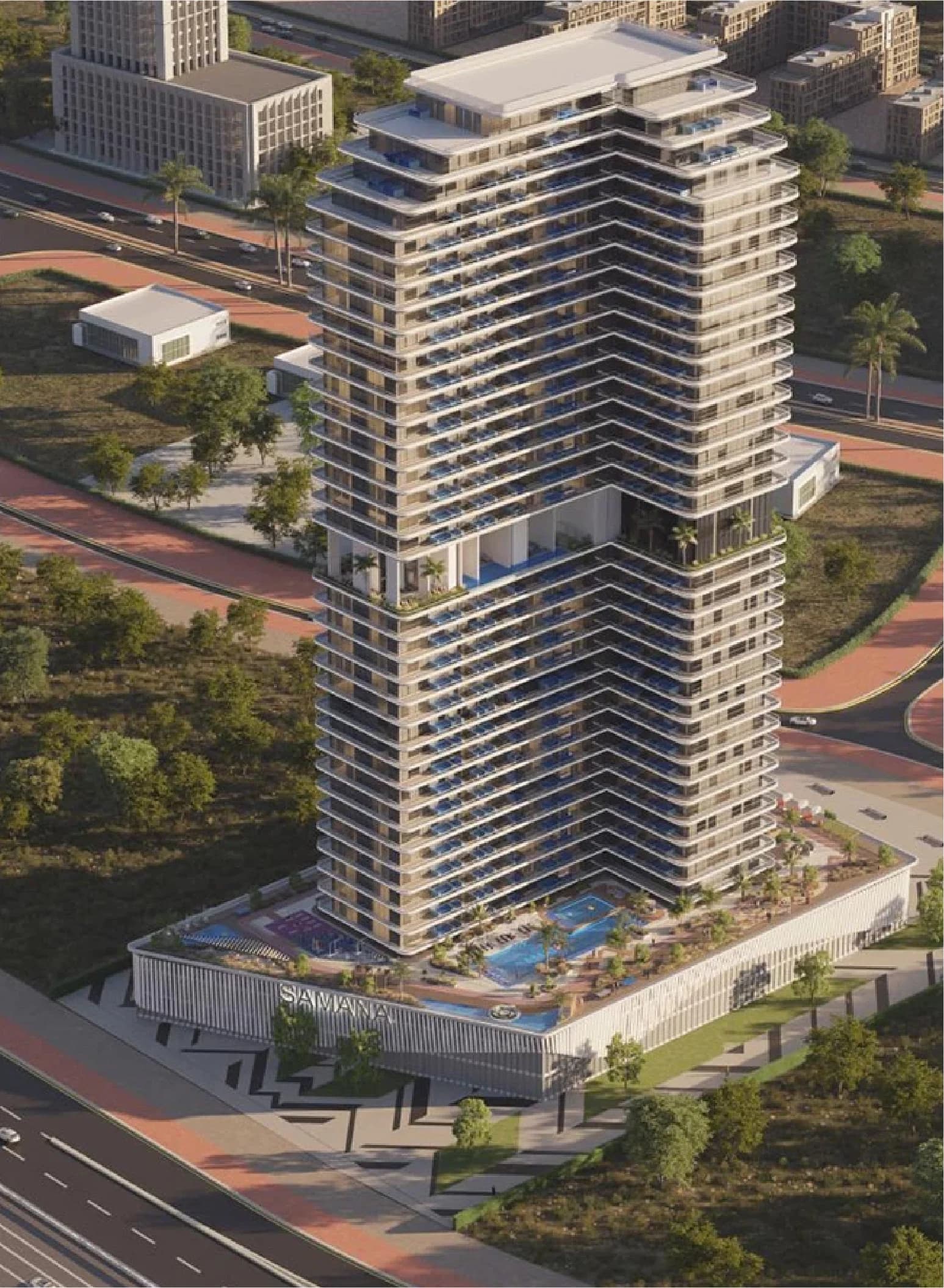 View of luxury residential tower with pool and landscaped area