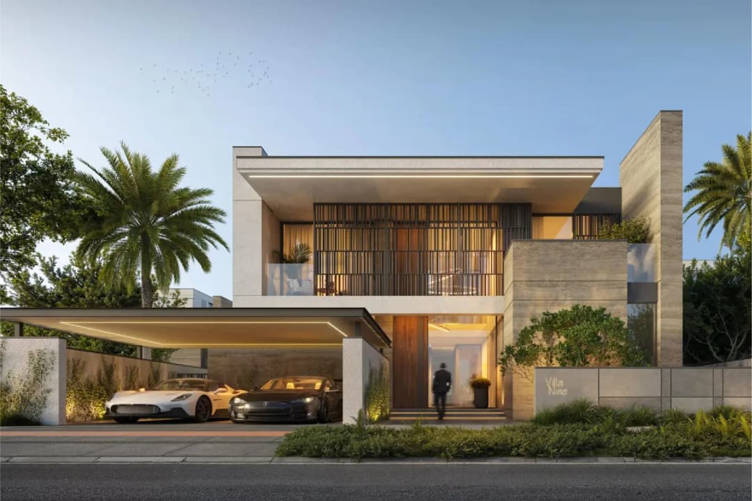Modern villa with two cars parked in a carport