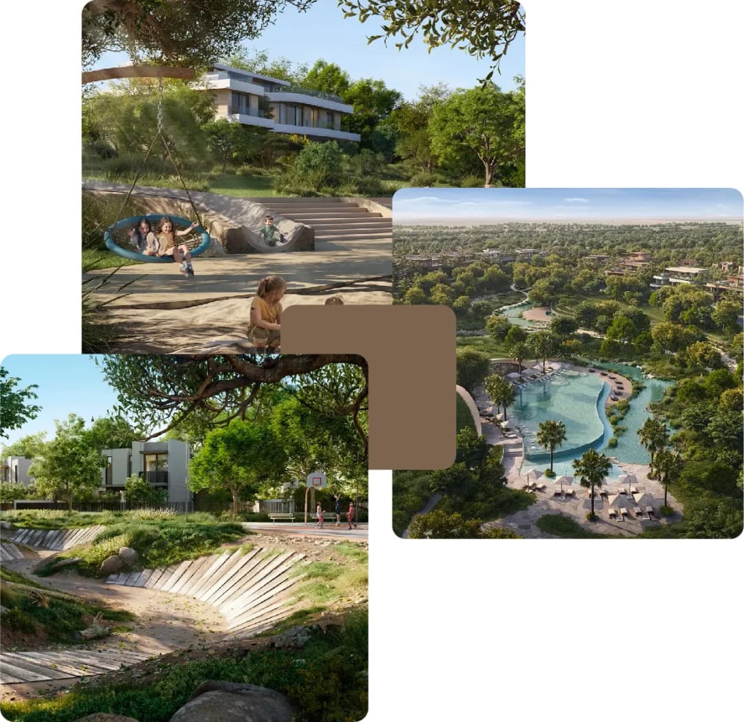 Children at park, lagoon pool, and green community