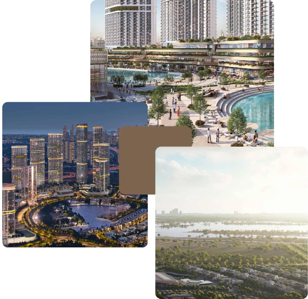 Beachfront towers with walkways and open plazas