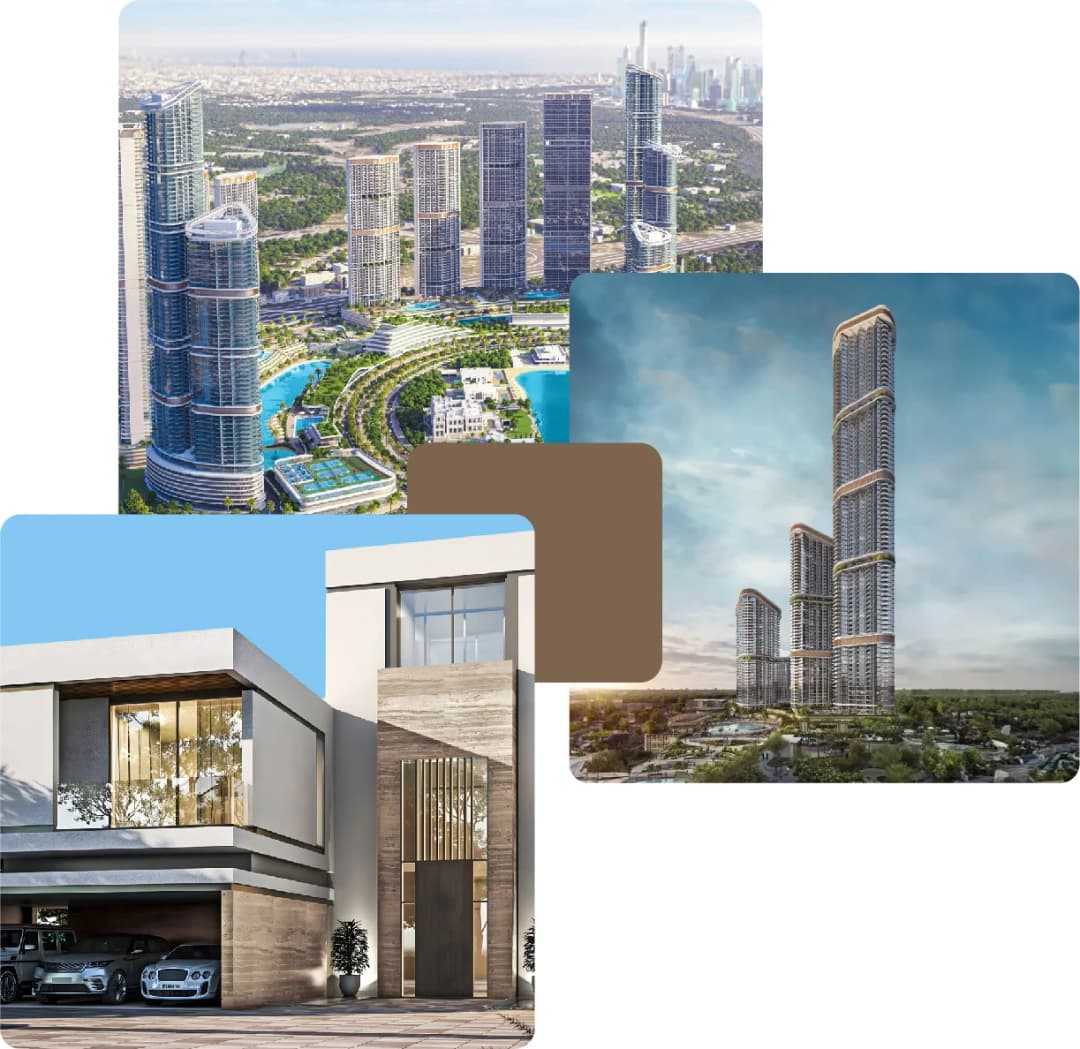 Skyline of high-rises with villa and glass facade