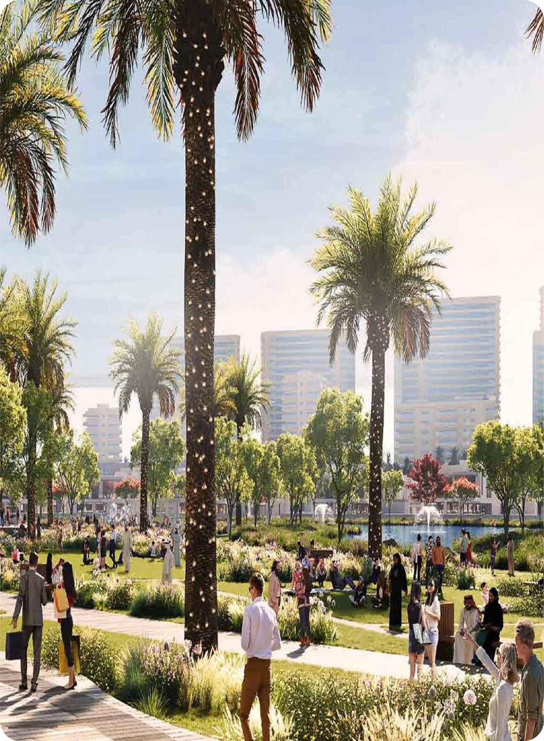 A vibrant park scene with people relaxing