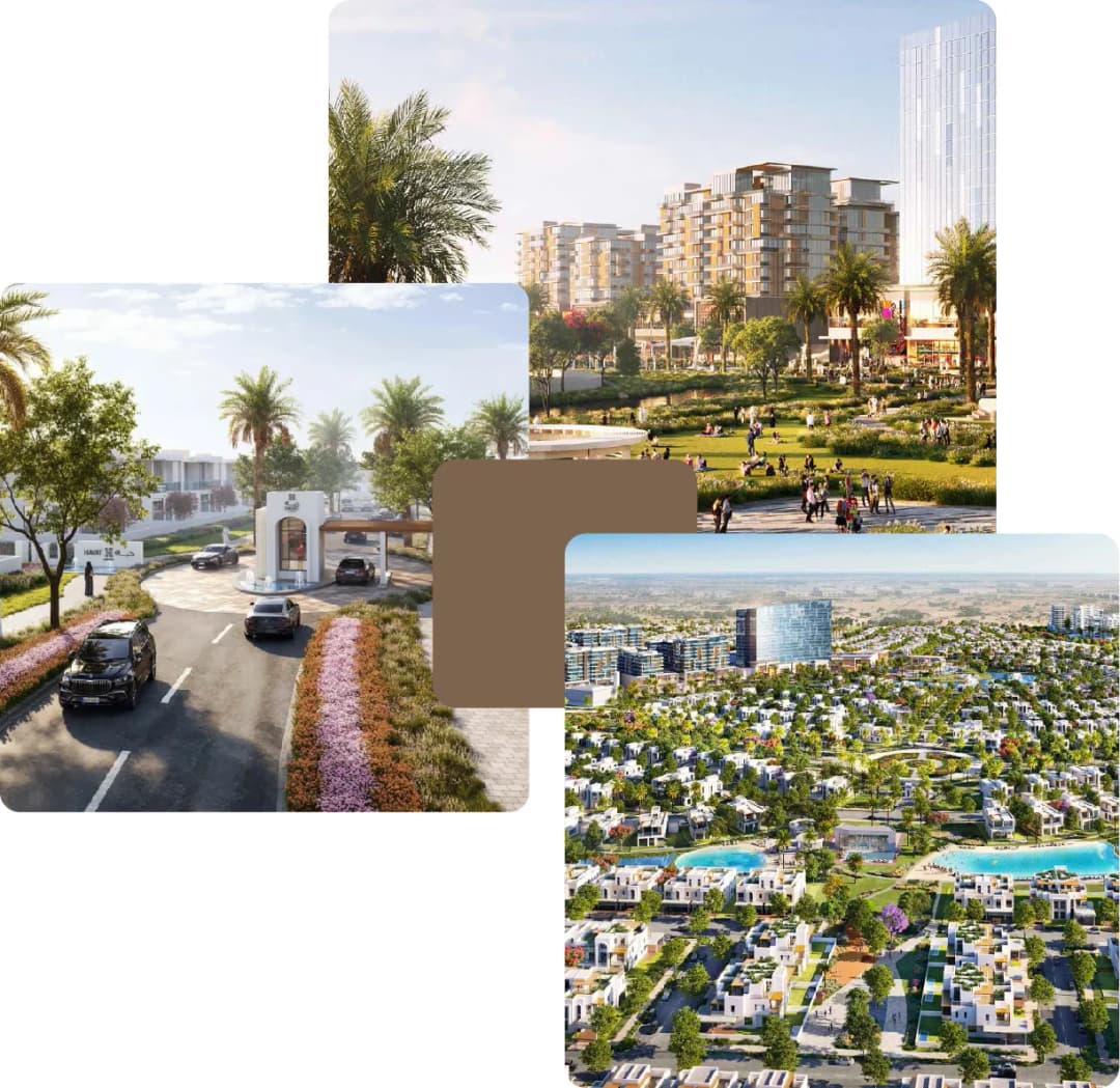 Gated community entrance with palm-lined street