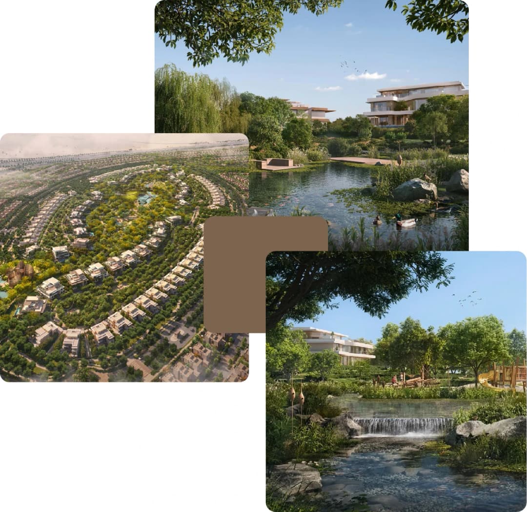 Aerial and ground views of lush circular villa layout