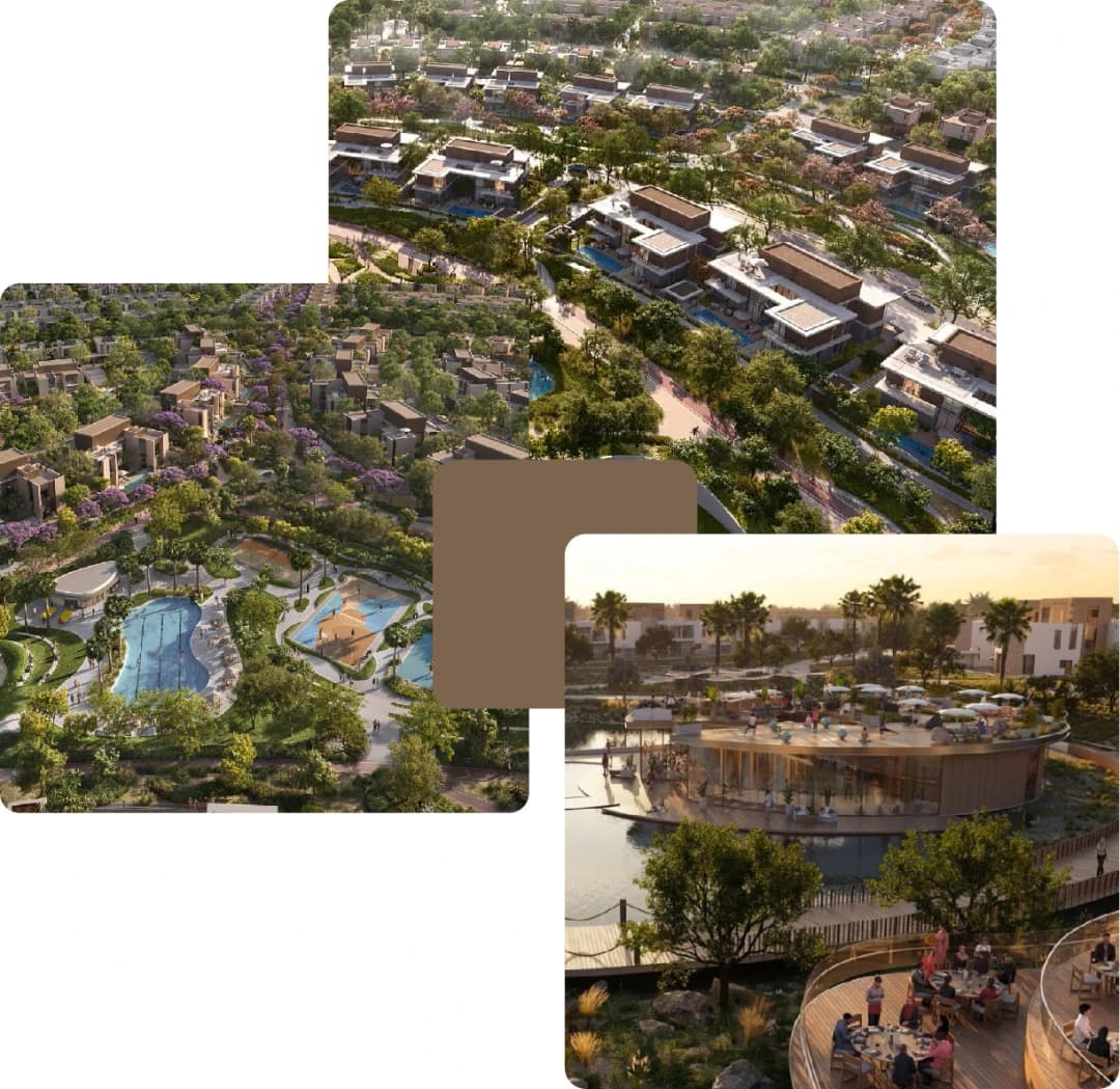 Aerial view of villas, parks, pools and café lounge