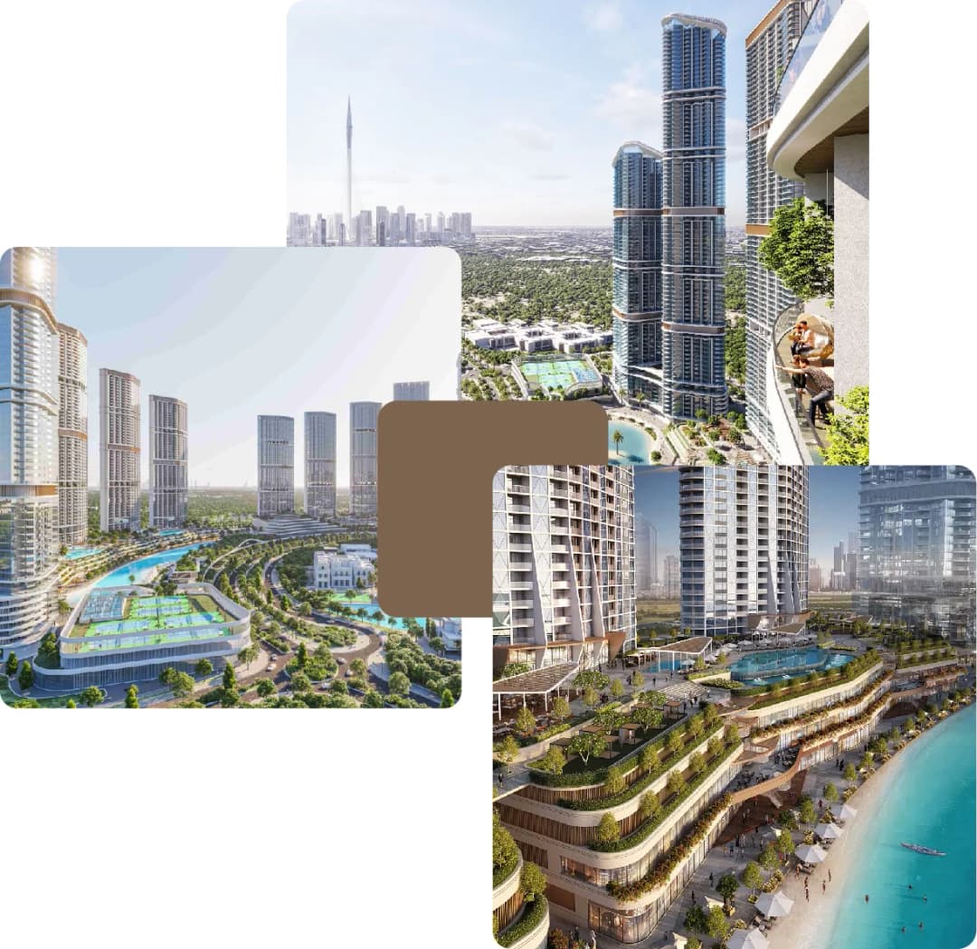 Tall luxury towers with pools and curved balconies