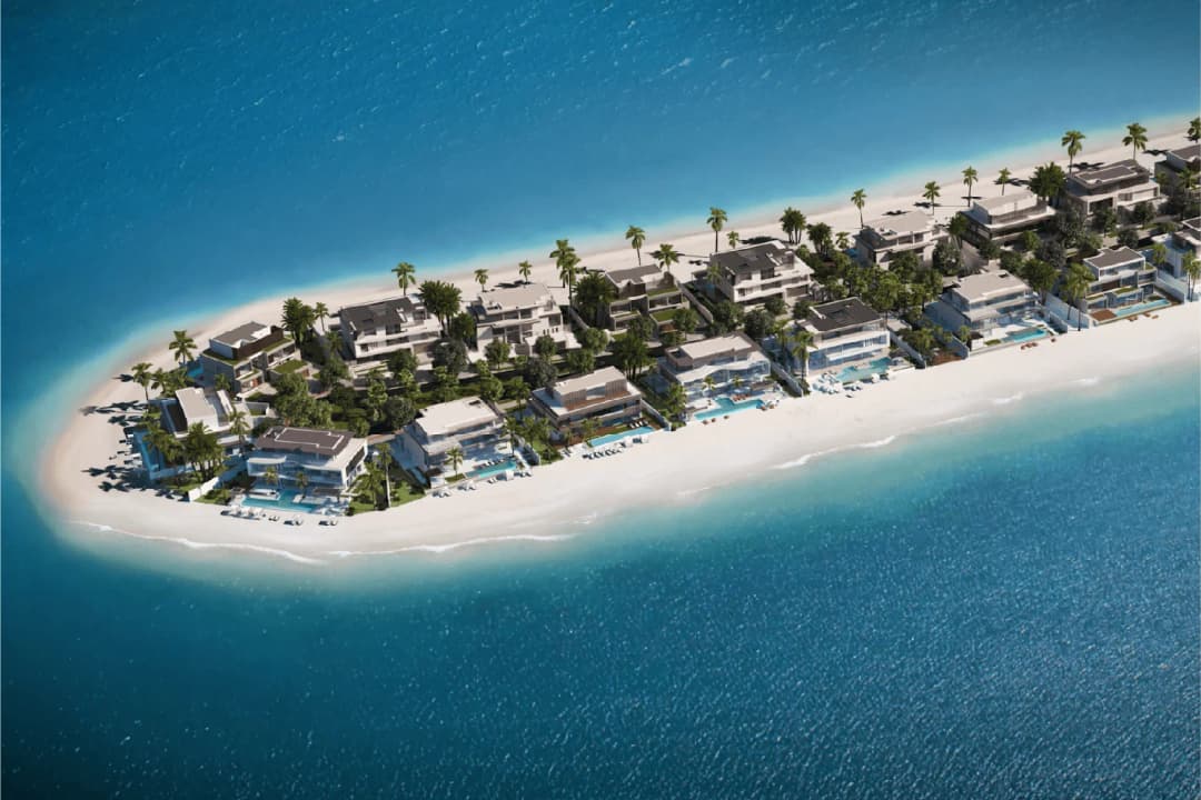 Luxury waterfront development with modern towers and pools