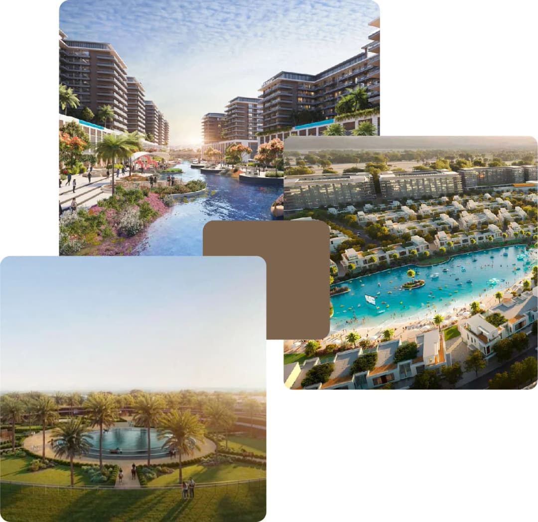 Resort-style lagoon with modern villas and towers