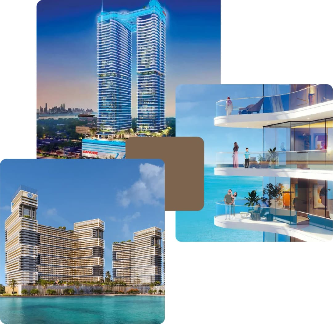 Modern residential towers overlooking the ocean with balconies