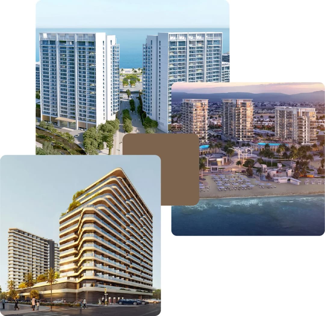 Seaside view of high-rise residential buildings with pools