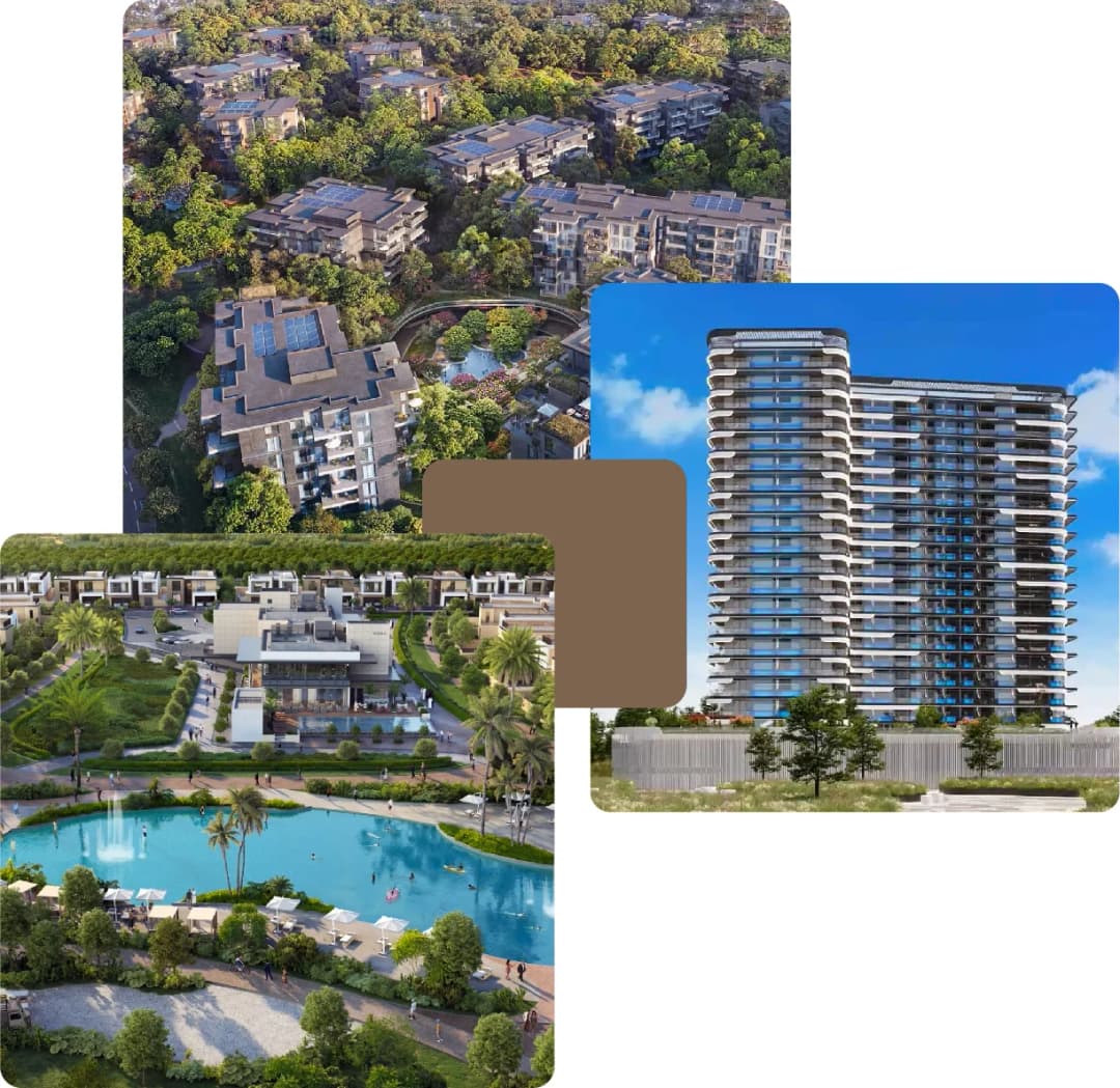 Modern residential buildings surrounded by lush greenery