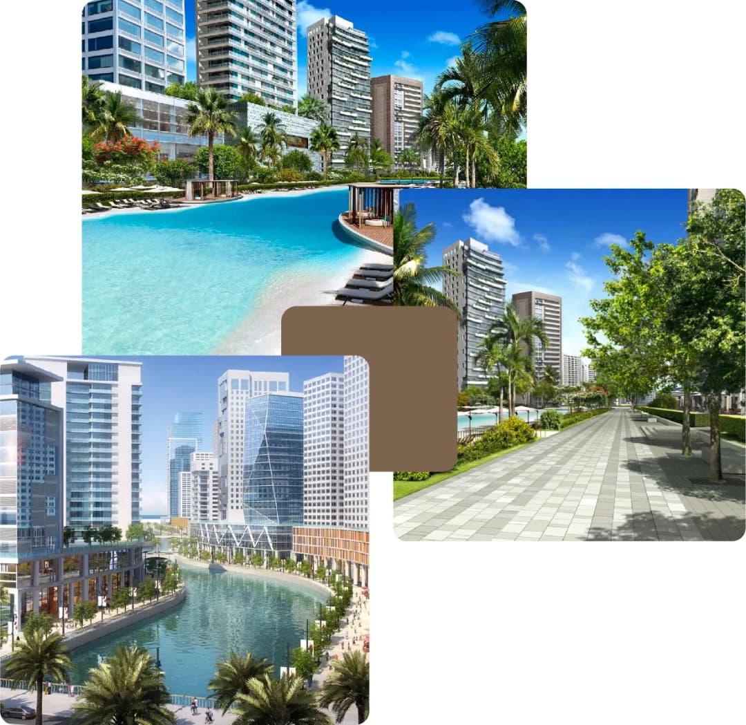 Modern residential buildings with a pool and palm trees