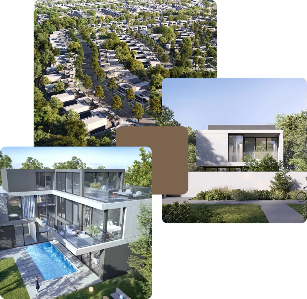 Modern luxury homes with clean architectural lines and greenery