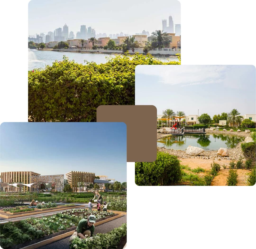 Waterfront view with lush greenery and modern buildings