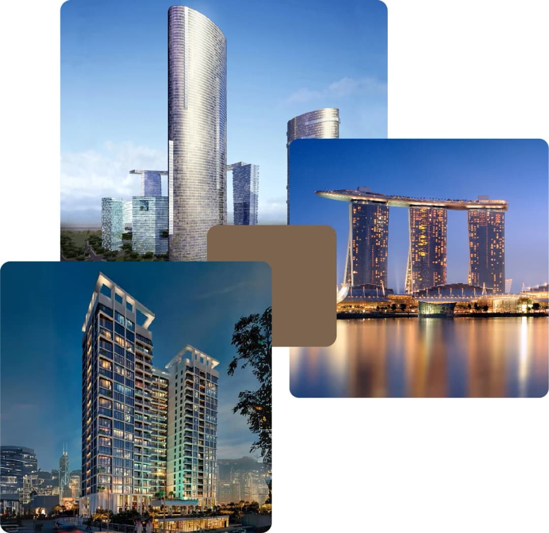 Tall towers beside the water under sunny sky