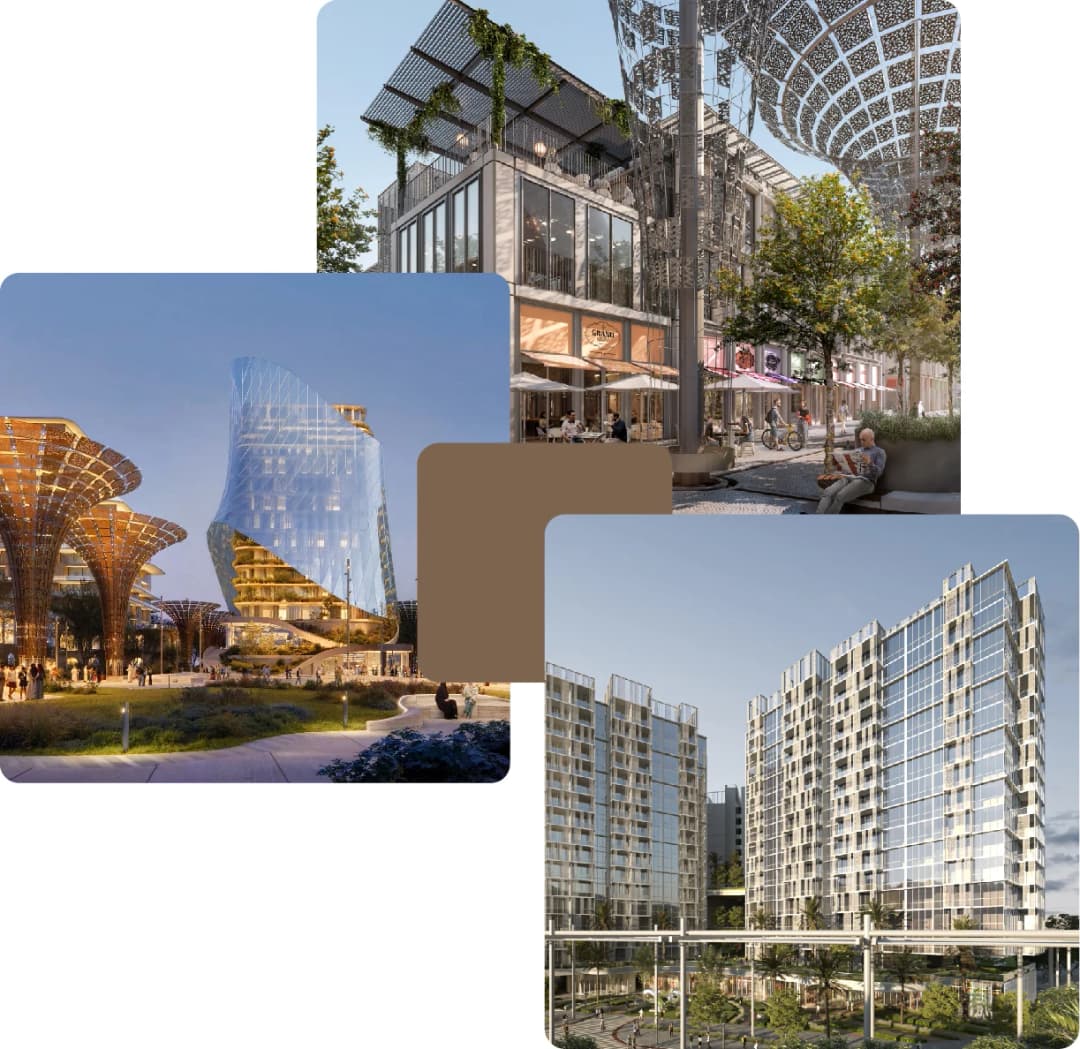 Futuristic towers and stylish urban outdoor plaza