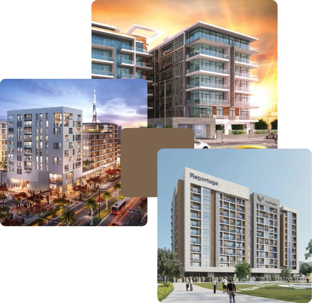 Modern mid-rise buildings at sunset and twilight