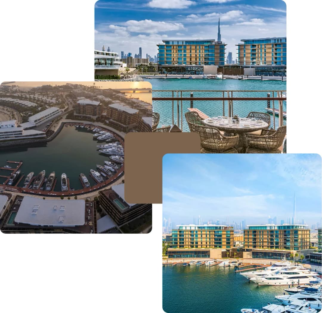 Modern waterfront villas and yachts with stunning cityscape