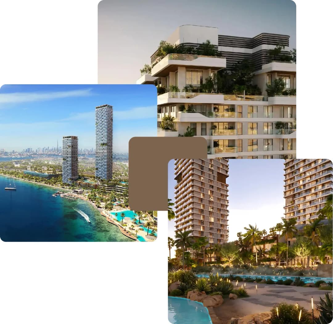 Contemporary residential towers by the beach with pool