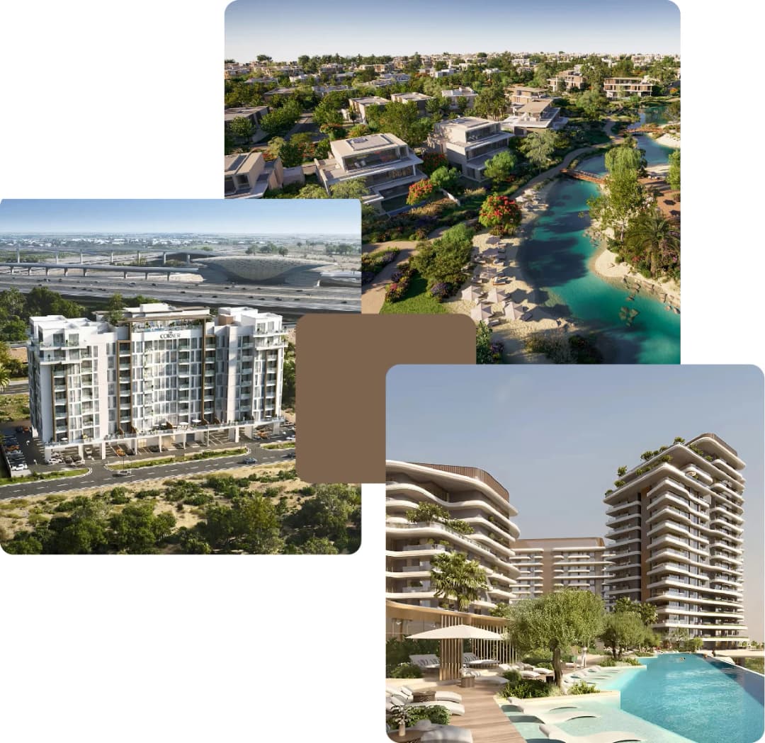 Aerial view of modern homes with a pool and landscaped areas