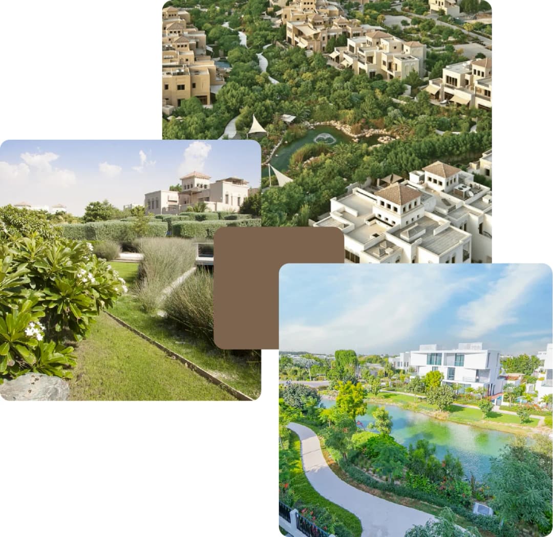 Modern residential neighborhood with green spaces and water features