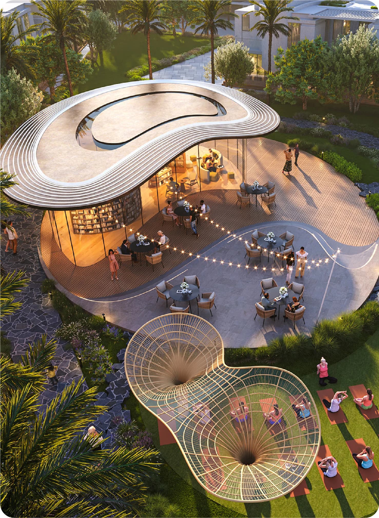 Outdoor café with yoga and garden activities