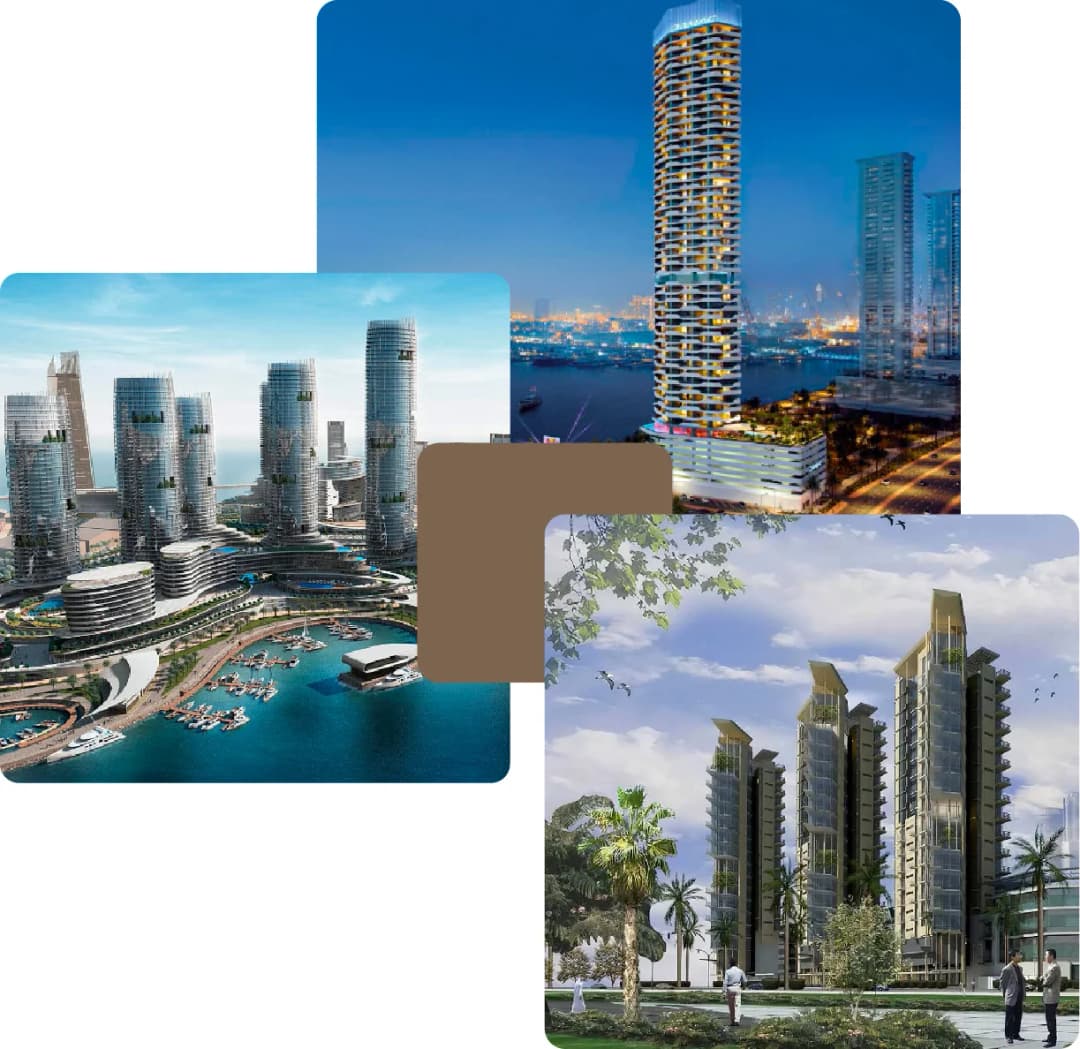 Luxury waterfront high-rise towers with marina view