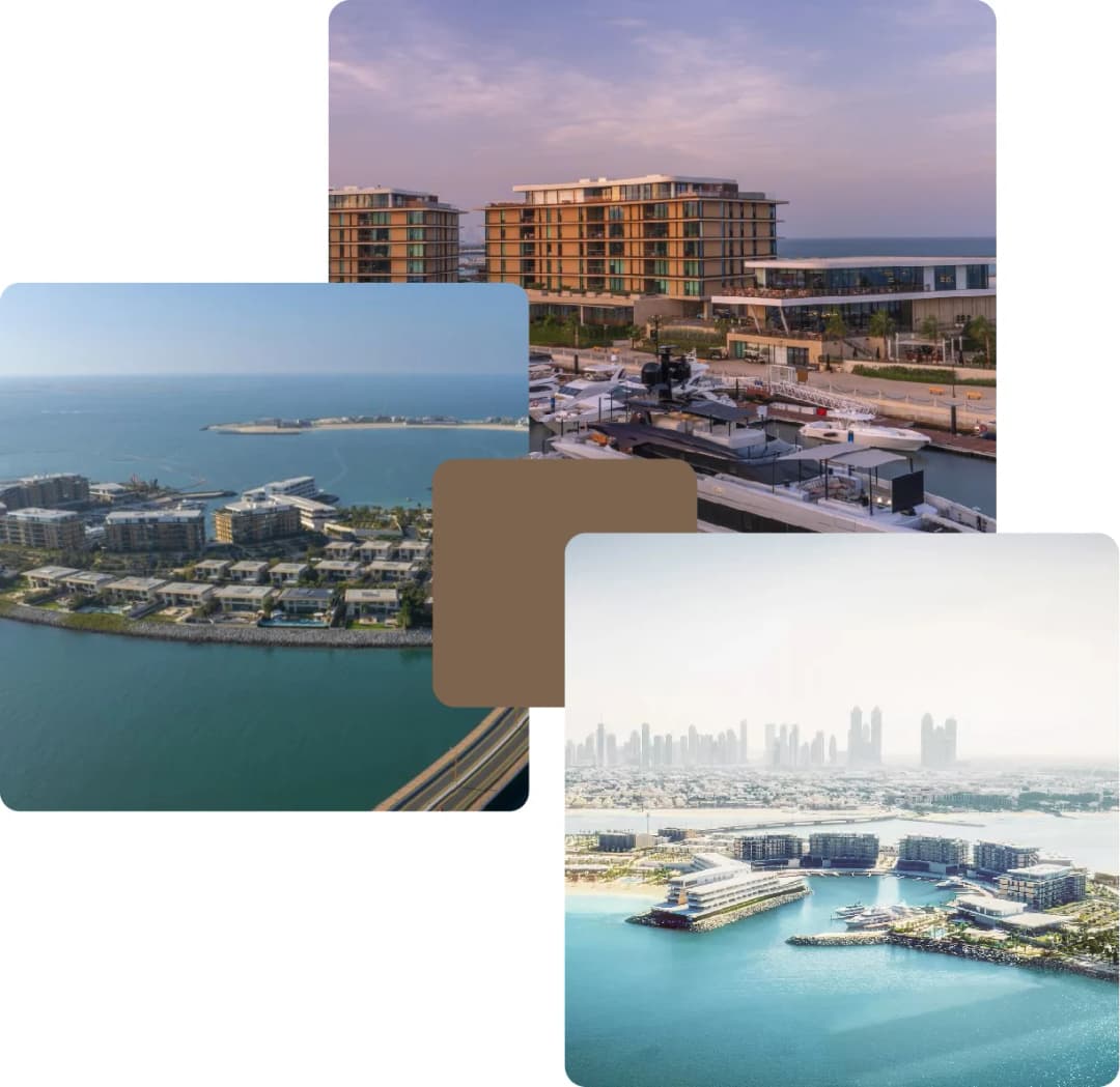 Aerial view of luxury waterfront community with yachts