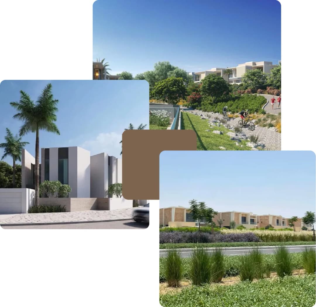 Modern residential building, bike path, and green landscape