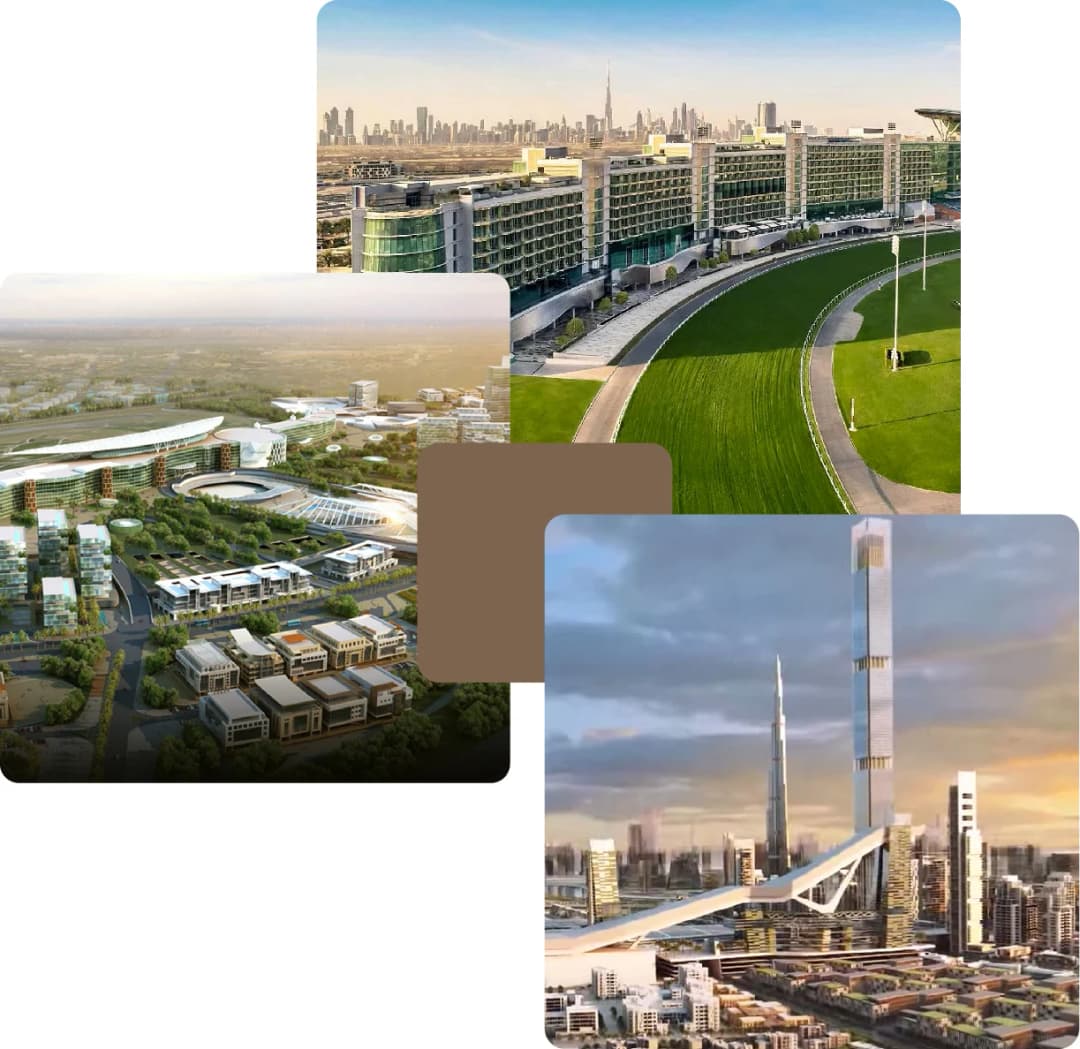 Aerial view of a modern cityscape with green spaces