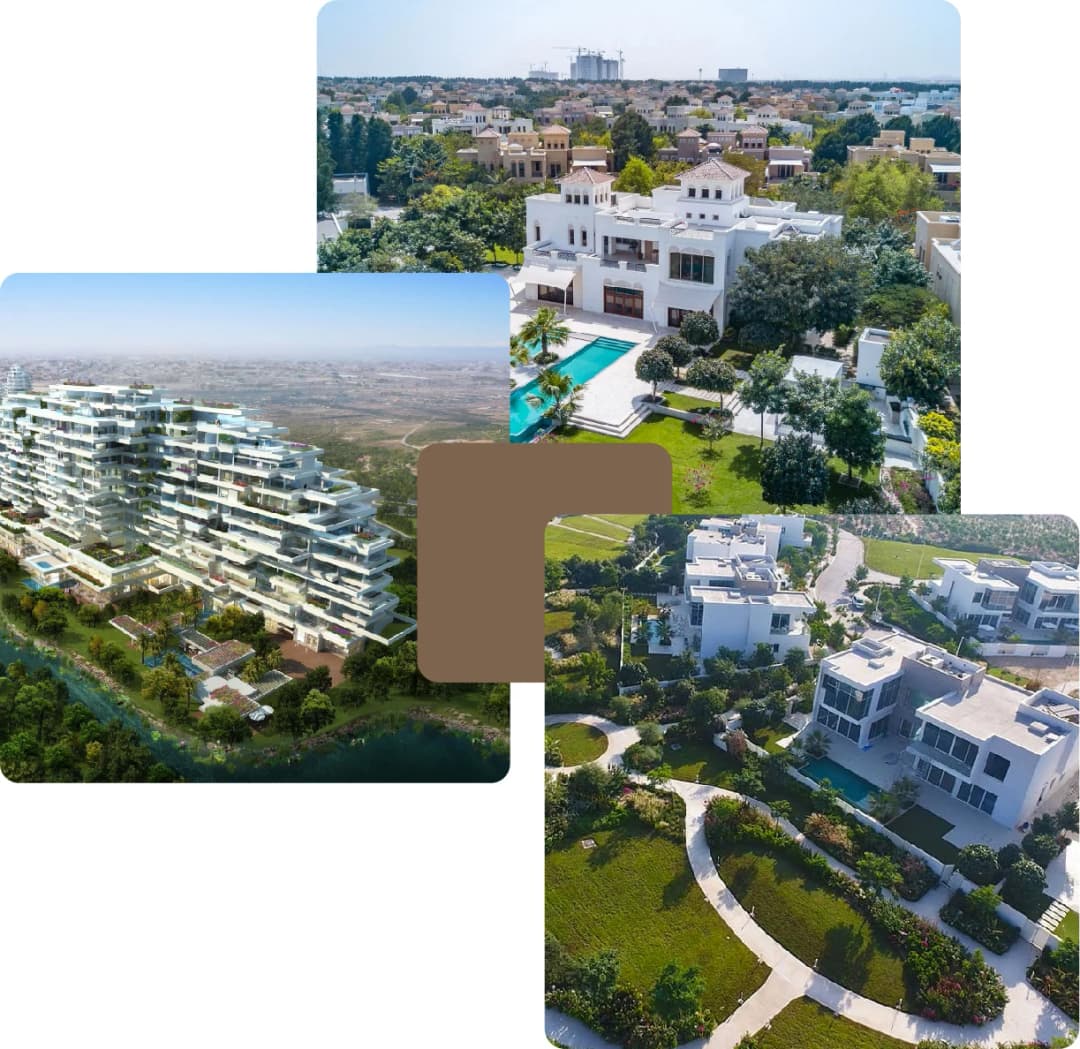 Aerial view of luxurious villas, modern complex, and green spaces