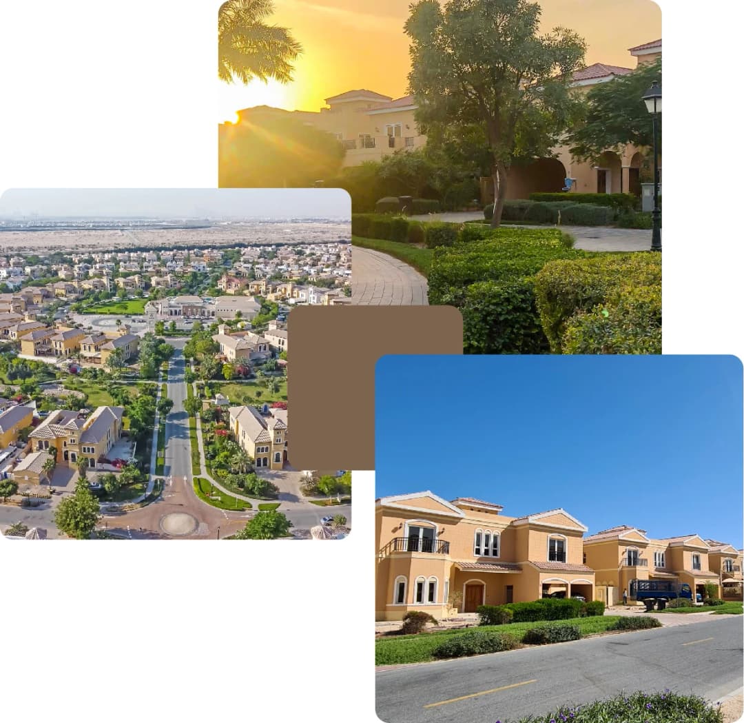 Sunset over villas with lush trees and gardens