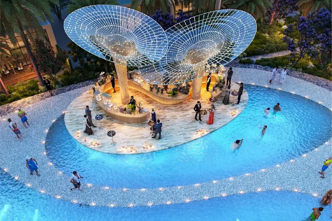 Resort-style pool with bar, jacuzzis, and cabanas