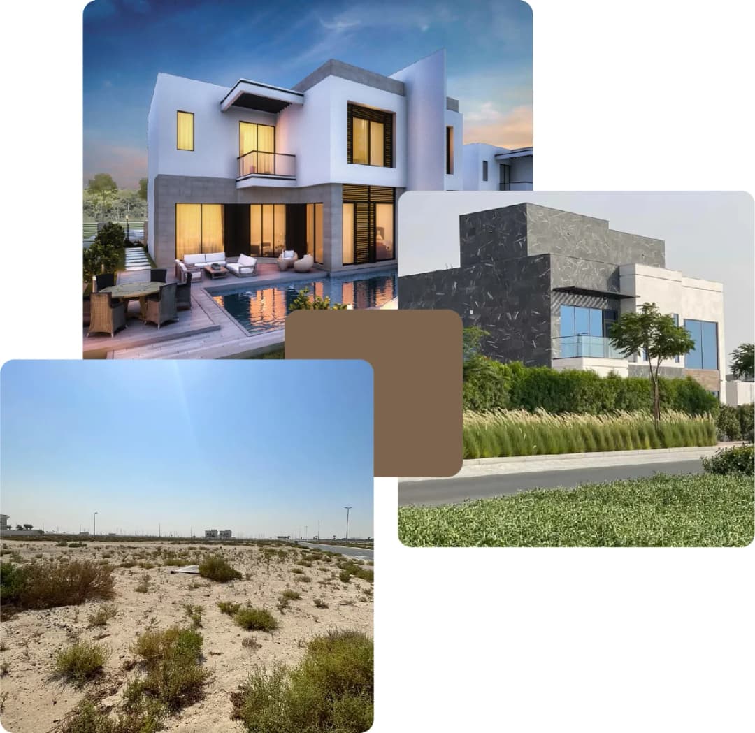 Luxurious villa with pool, contemporary building, and barren land